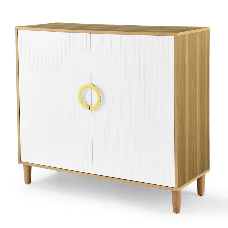 Freestanding Sideboard Buffet Cabinet with Doors Adjustable Shelves Natural Wood White