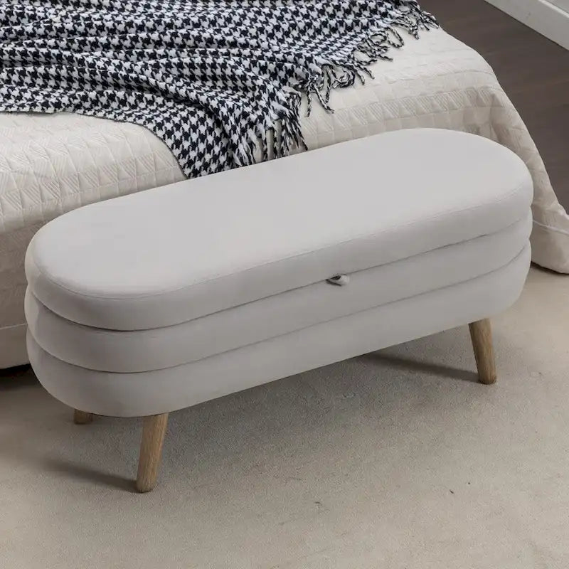 Velvet Fabric Storage Bench Bedroom Bench With Wood Legs For Living Room Bedroom Indoor,Light Gray