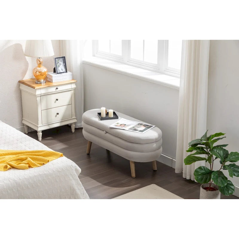 Velvet Fabric Storage Bench Bedroom Bench With Wood Legs For Living Room Bedroom Indoor,Light Gray