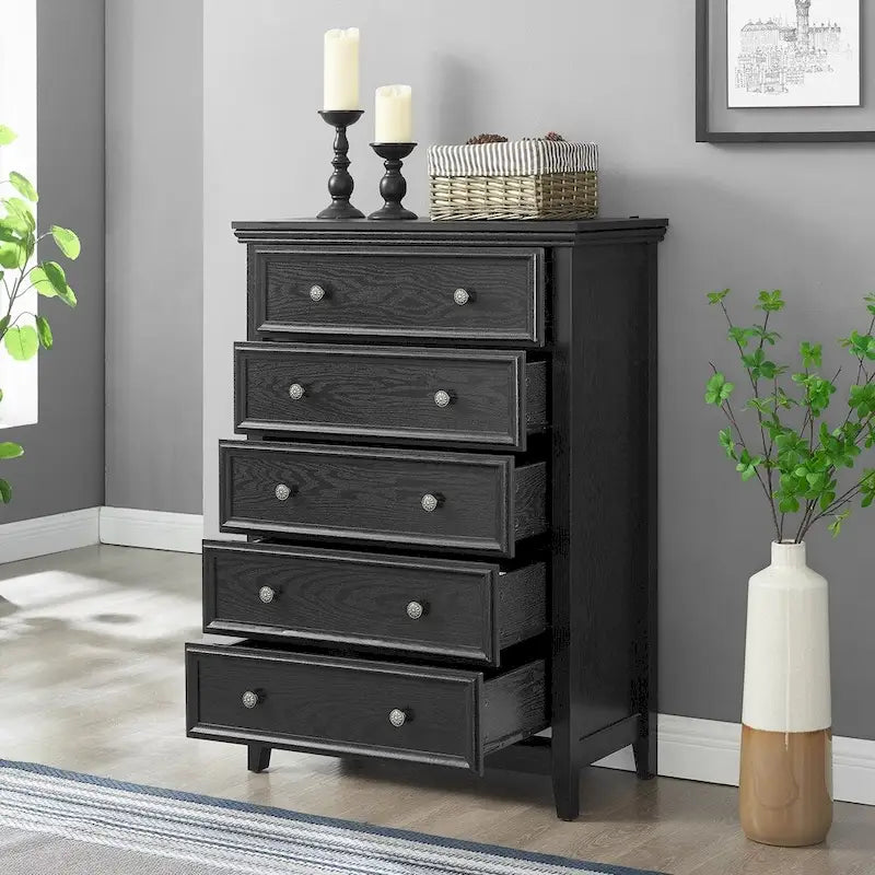 5-Drawer Dresser Chest White Black Farmhouse Storage Cabinet Metal Handles