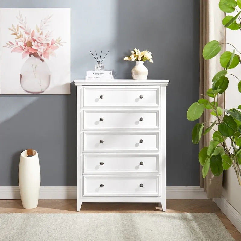 5-Drawer Dresser Chest White Black Farmhouse Storage Cabinet Metal Handles