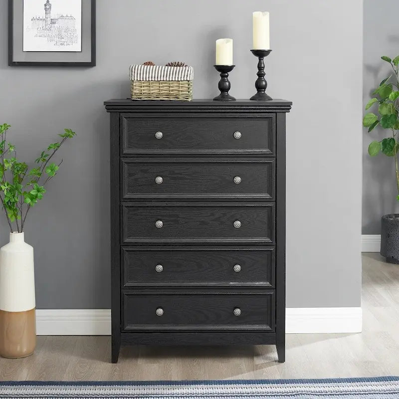 5-Drawer Dresser Chest White Black Farmhouse Storage Cabinet Metal Handles
