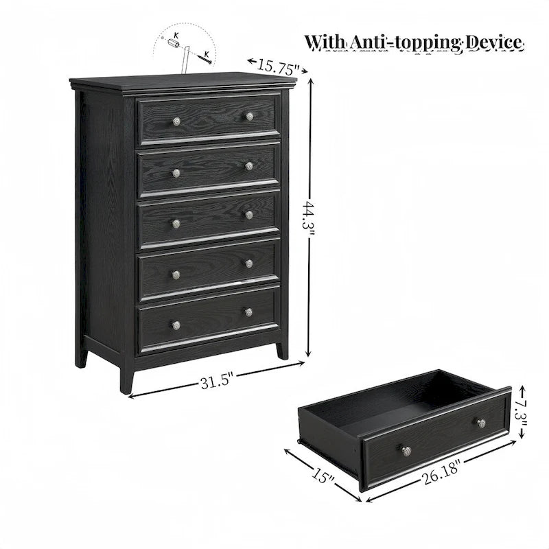 5-Drawer Dresser Chest White Black Farmhouse Storage Cabinet Metal Handles