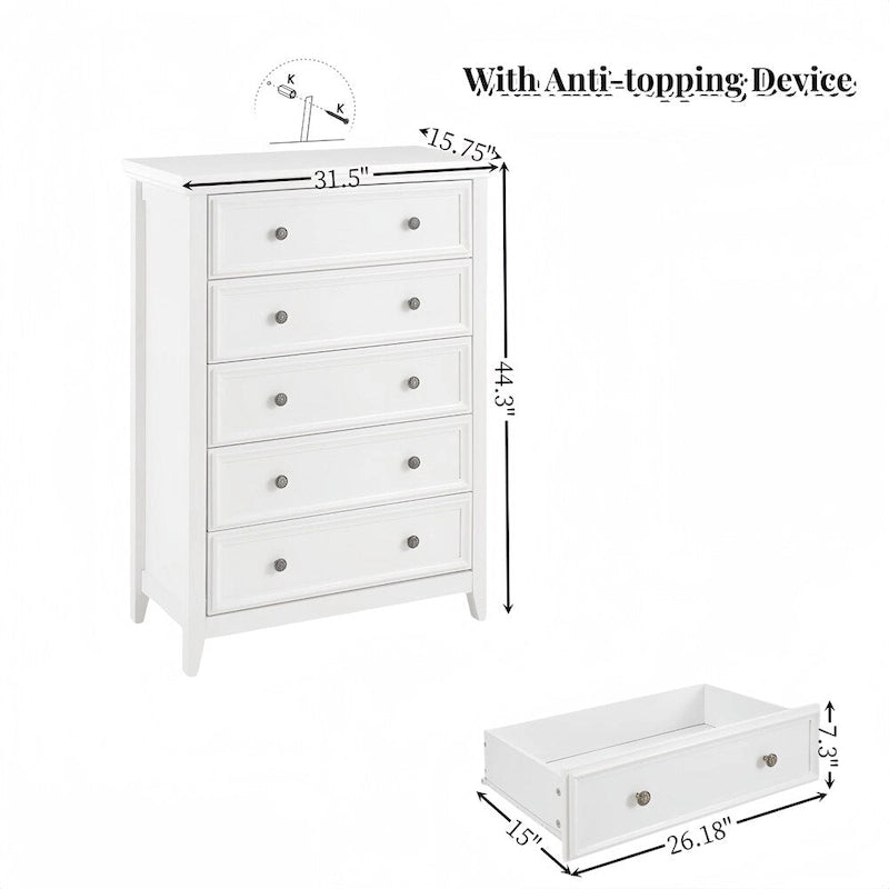 5-Drawer Dresser Chest White Black Farmhouse Storage Cabinet Metal Handles
