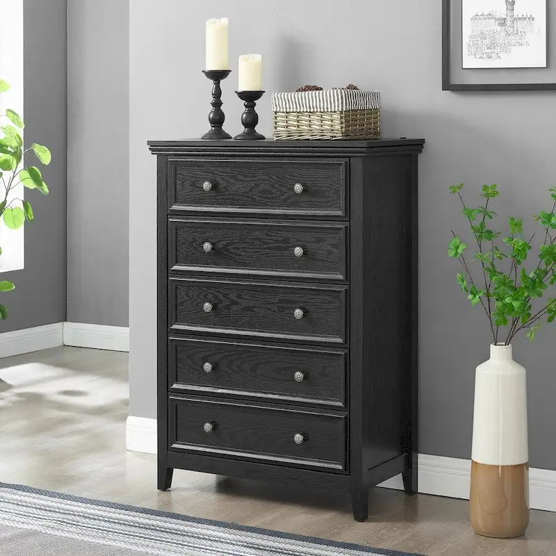 5-Drawer Dresser Chest White Black Farmhouse Storage Cabinet Metal Handles