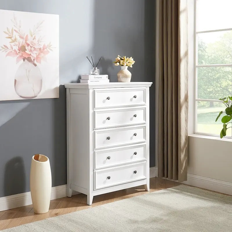 5-Drawer Dresser Chest White Black Farmhouse Storage Cabinet Metal Handles