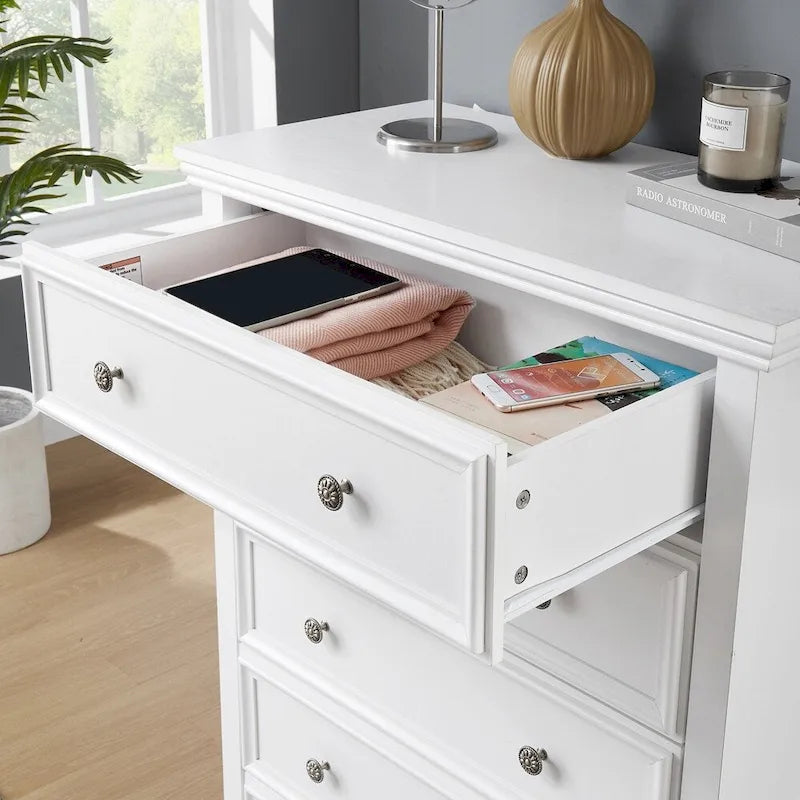 5-Drawer Dresser Chest White Black Farmhouse Storage Cabinet Metal Handles