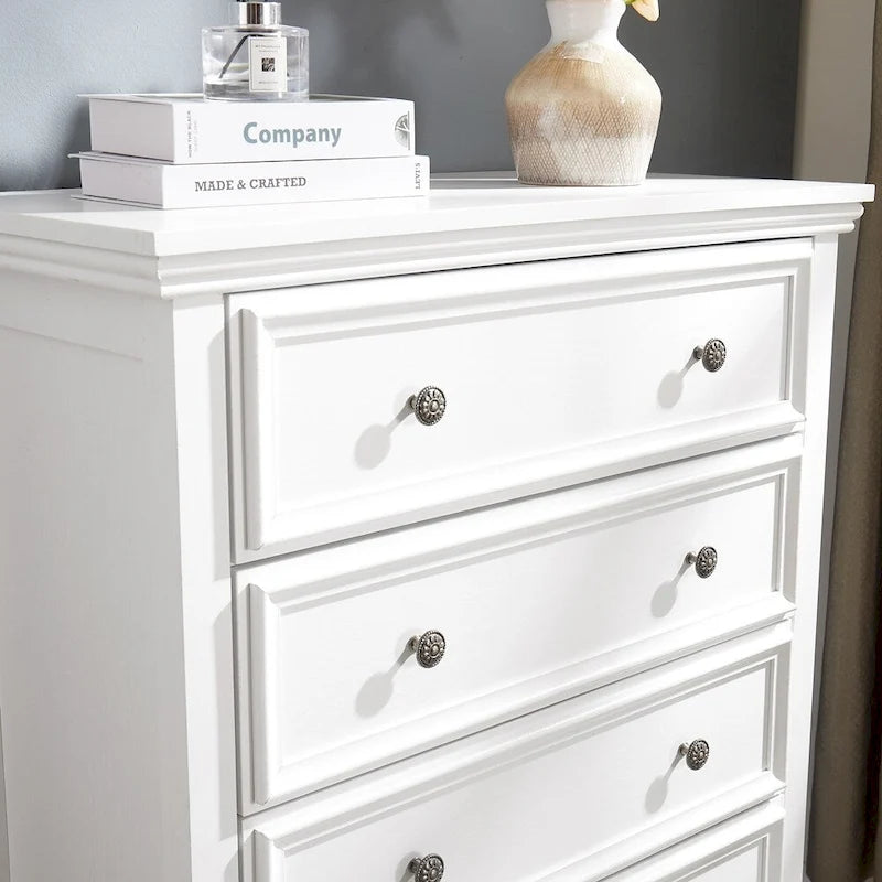 5-Drawer Dresser Chest White Black Farmhouse Storage Cabinet Metal Handles