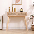 Rattan Drawer Console Table Solid Wood Legs Natural Tan Entryway Storage