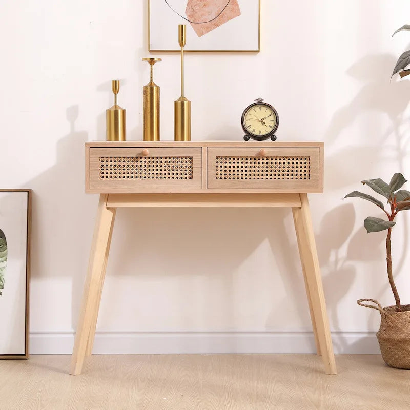 Rattan Drawer Console Table Solid Wood Legs Natural Tan Entryway Storage