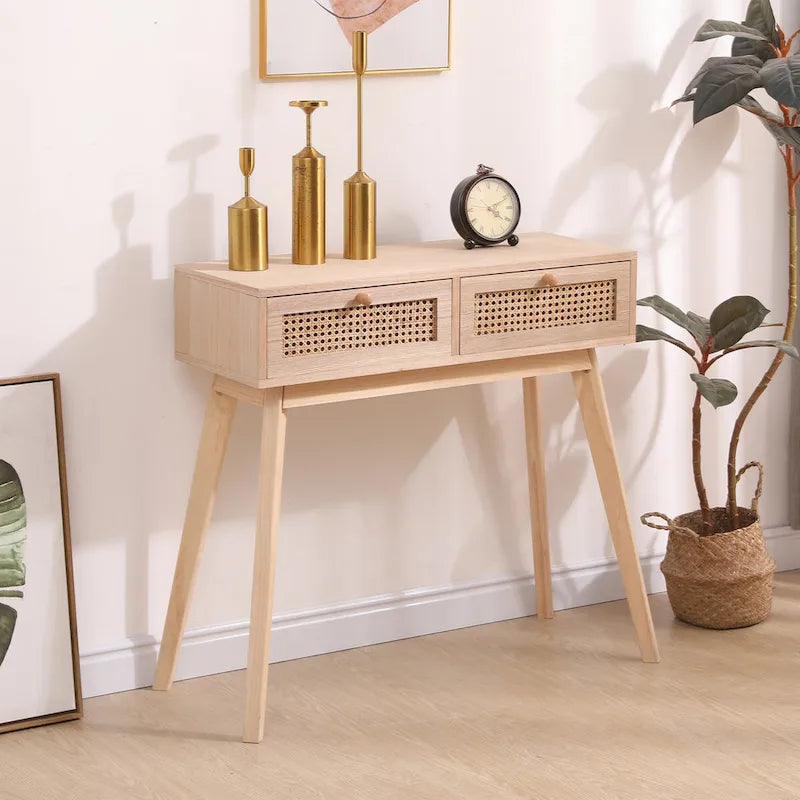 Rattan Drawer Console Table Solid Wood Legs Natural Tan Entryway Storage