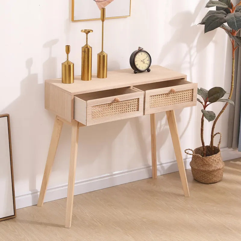 Rattan Drawer Console Table Solid Wood Legs Natural Tan Entryway Storage