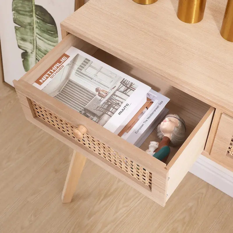 Rattan Drawer Console Table Solid Wood Legs Natural Tan Entryway Storage