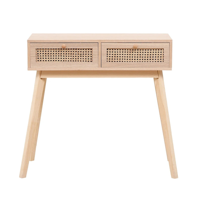 Rattan Drawer Console Table Solid Wood Legs Natural Tan Entryway Storage