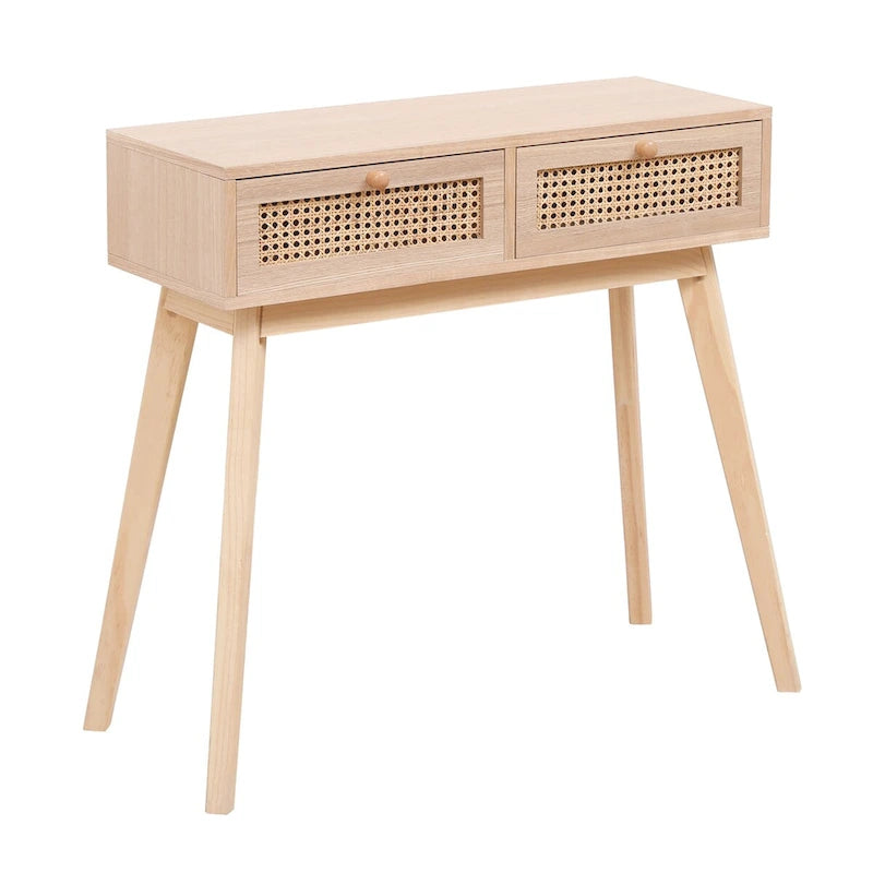 Rattan Drawer Console Table Solid Wood Legs Natural Tan Entryway Storage