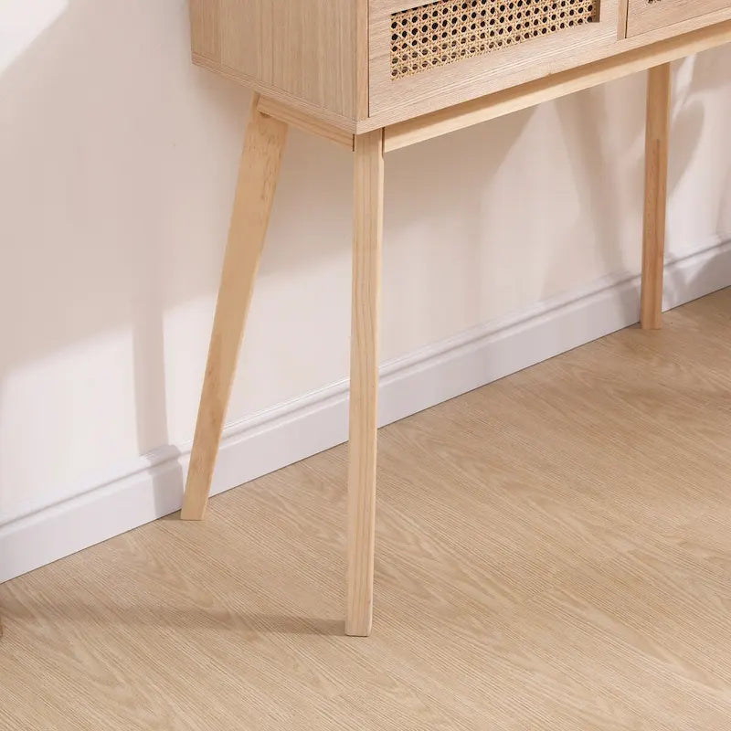 Rattan Drawer Console Table Solid Wood Legs Natural Tan Entryway Storage