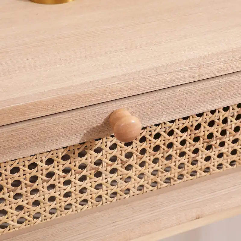 Rattan Drawer Console Table Solid Wood Legs Natural Tan Entryway Storage