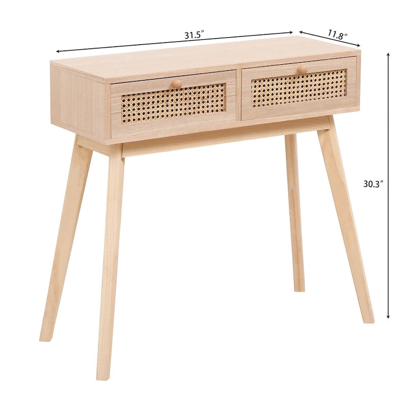 Rattan Drawer Console Table Solid Wood Legs Natural Tan Entryway Storage