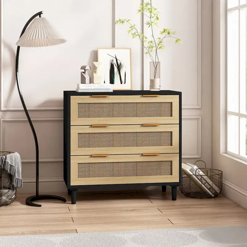 3-Drawer Black Rattan Dresser Storage Cabinet with Gold Handles