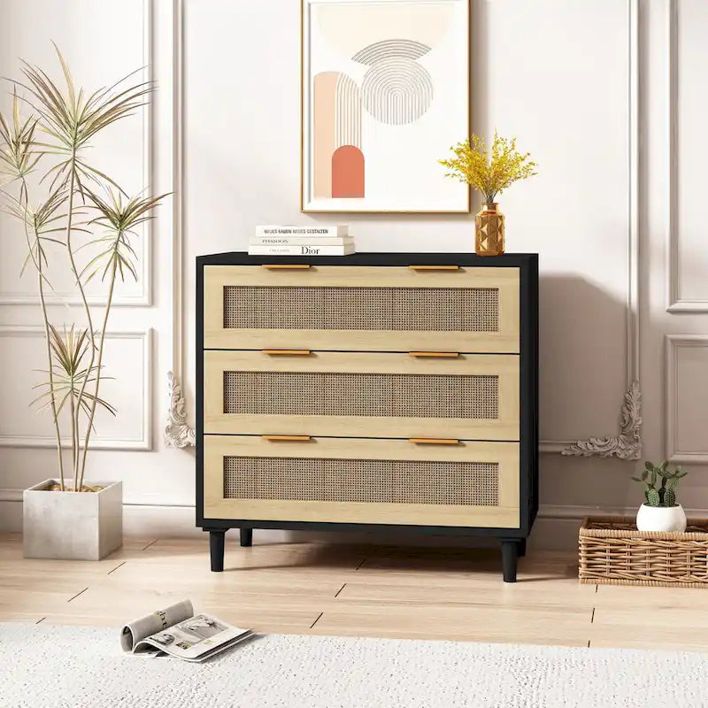 3-Drawer Black Rattan Dresser Storage Cabinet with Gold Handles