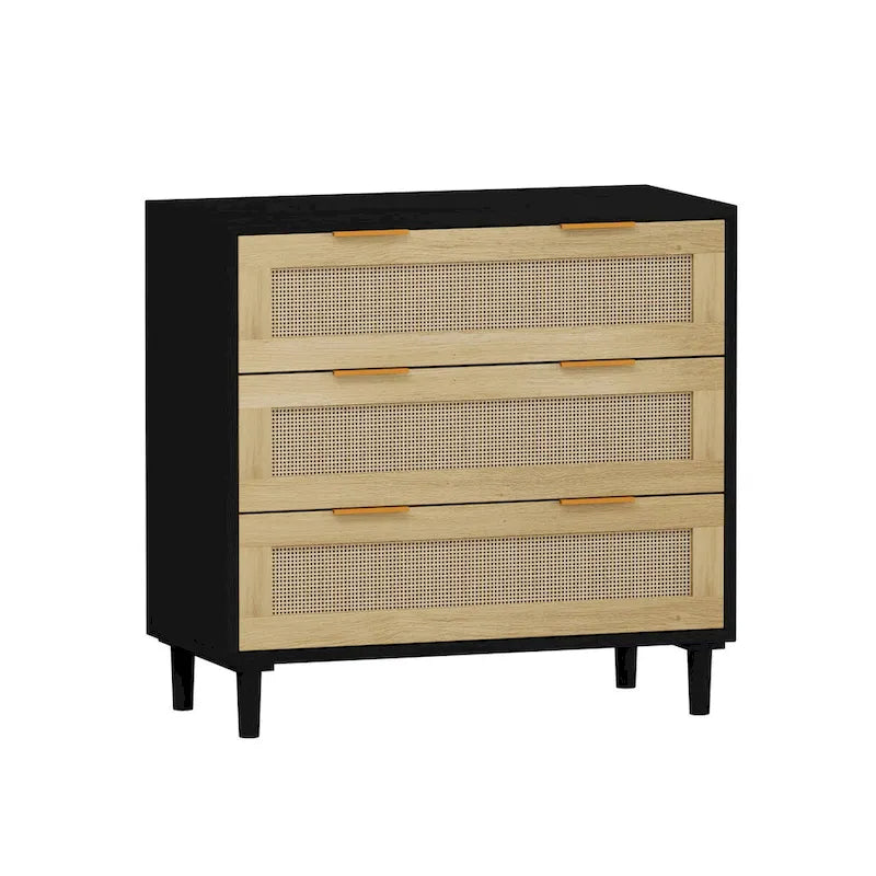 3-Drawer Black Rattan Dresser Storage Cabinet with Gold Handles