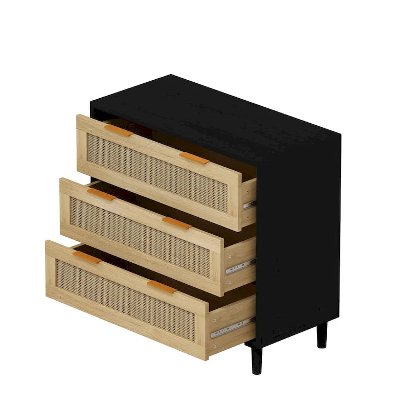 3-Drawer Black Rattan Dresser Storage Cabinet with Gold Handles