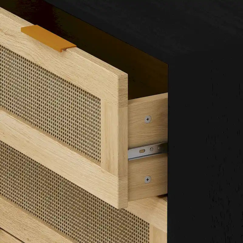 3-Drawer Black Rattan Dresser Storage Cabinet with Gold Handles