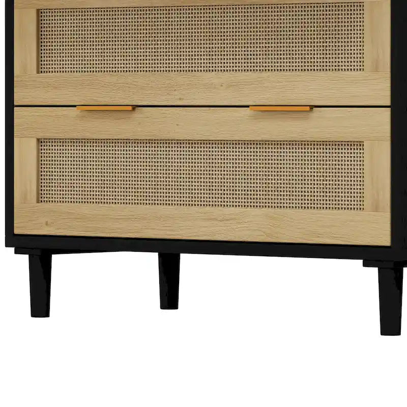 3-Drawer Black Rattan Dresser Storage Cabinet with Gold Handles
