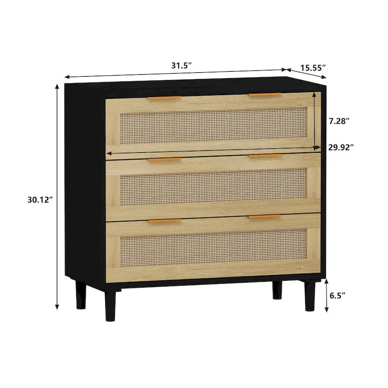 3-Drawer Black Rattan Dresser Storage Cabinet with Gold Handles