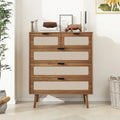Walnut Rattan 5-Drawer Chest with Pine Legs, Boho Storage Cabinet
