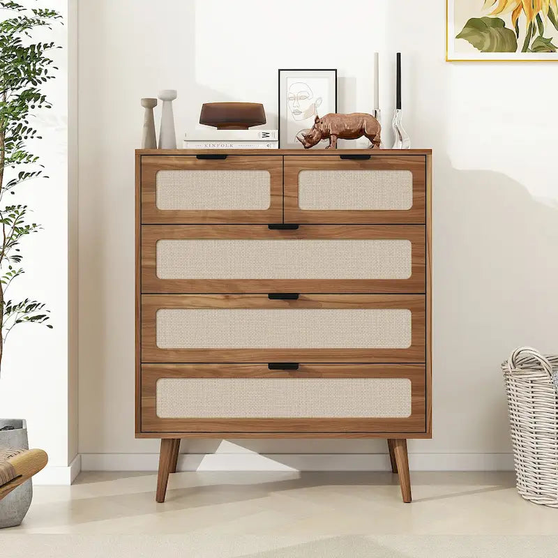 Walnut Rattan 5-Drawer Chest with Pine Legs, Boho Storage Cabinet