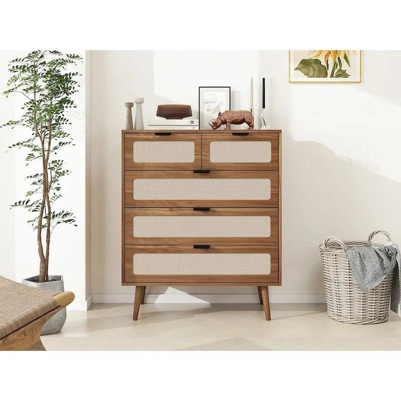 Walnut Rattan 5-Drawer Chest with Pine Legs, Boho Storage Cabinet
