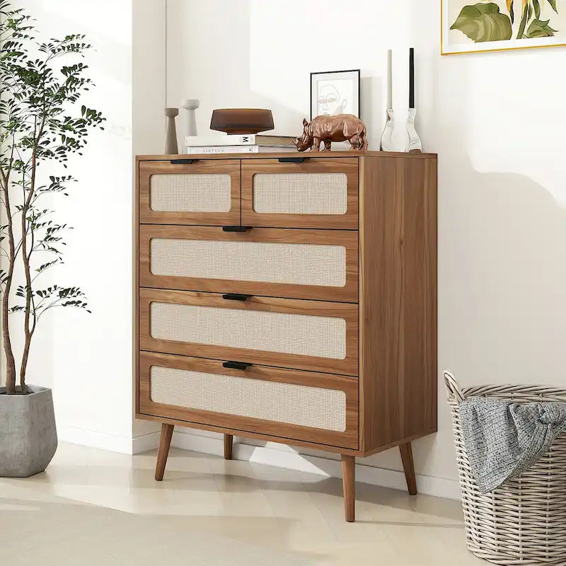Walnut Rattan 5-Drawer Chest with Pine Legs, Boho Storage Cabinet