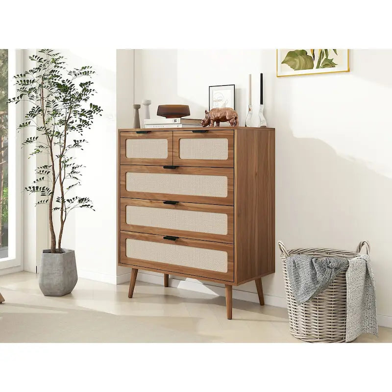 Walnut Rattan 5-Drawer Chest with Pine Legs, Boho Storage Cabinet