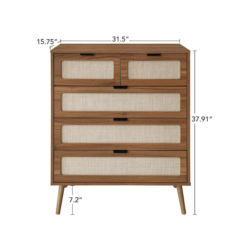 Walnut Rattan 5-Drawer Chest with Pine Legs, Boho Storage Cabinet