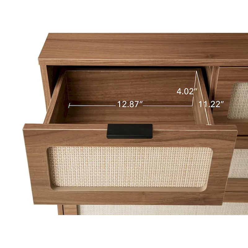Walnut Rattan 5-Drawer Chest with Pine Legs, Boho Storage Cabinet
