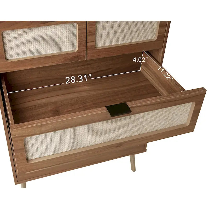 Walnut Rattan 5-Drawer Chest with Pine Legs, Boho Storage Cabinet