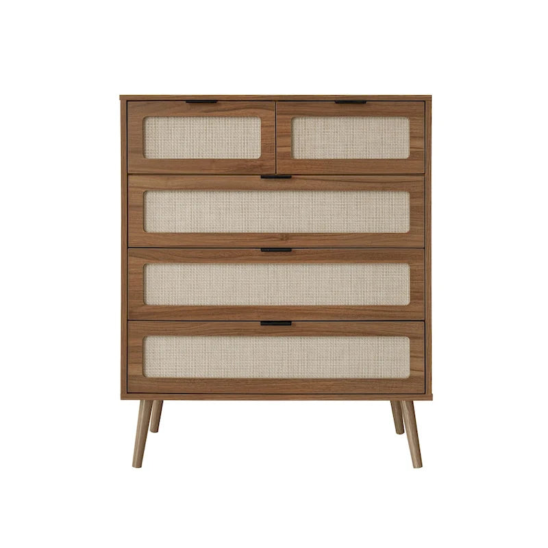 Walnut Rattan 5-Drawer Chest with Pine Legs, Boho Storage Cabinet