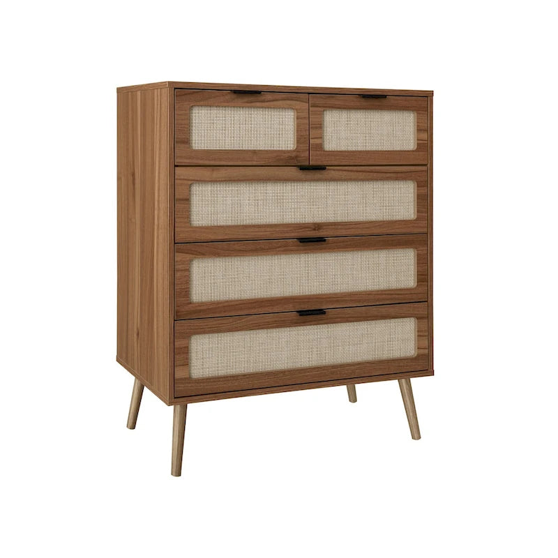 Walnut Rattan 5-Drawer Chest with Pine Legs, Boho Storage Cabinet