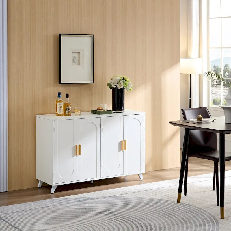 Modern White Sideboard Cabinet 4 Doors Gold Handles Accent Storage
