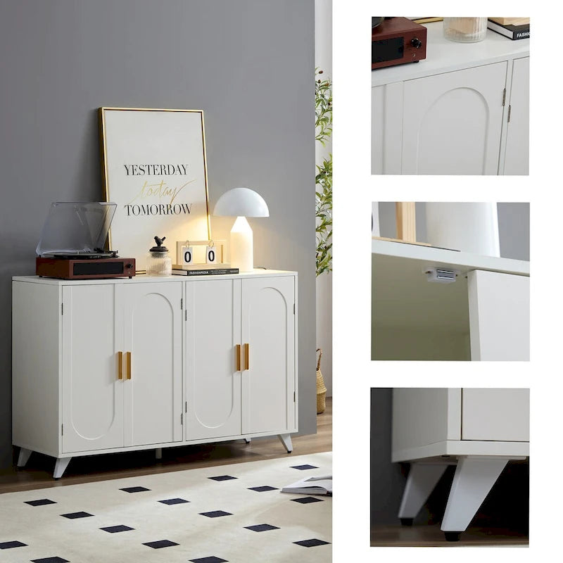 Modern White Sideboard Cabinet 4 Doors Gold Handles Accent Storage