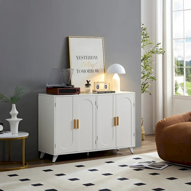 Modern White Sideboard Cabinet 4 Doors Gold Handles Accent Storage