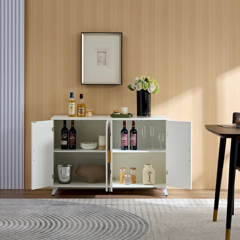 Modern White Sideboard Cabinet 4 Doors Gold Handles Accent Storage