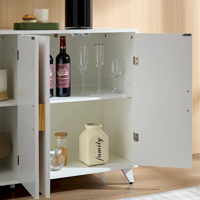 Modern White Sideboard Cabinet 4 Doors Gold Handles Accent Storage