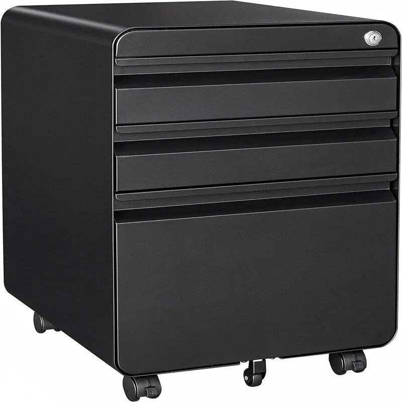 Rolling Steel File Cabinet with Lock 3 Drawers Black White