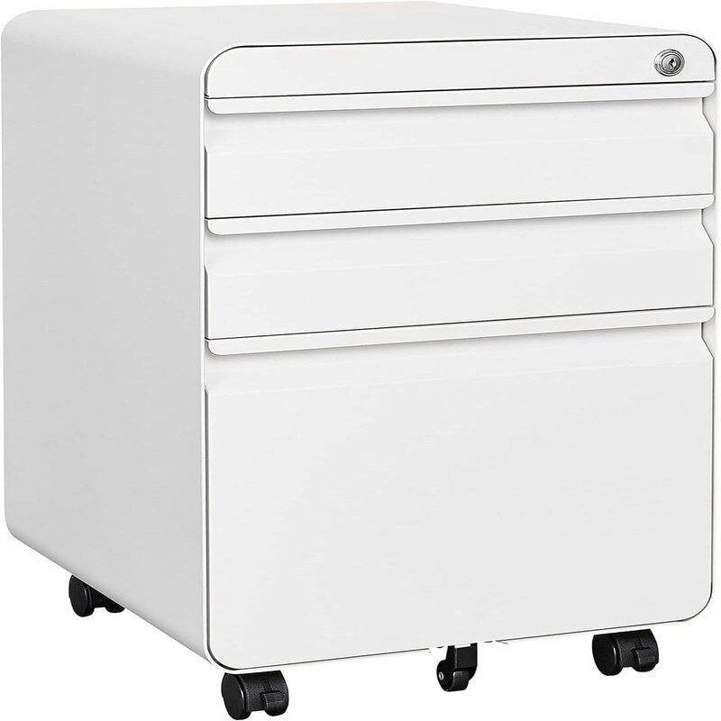Rolling Steel File Cabinet with Lock 3 Drawers Black White