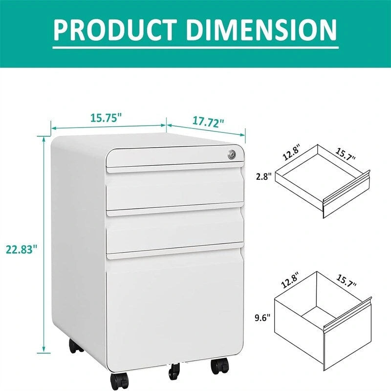 Rolling Steel File Cabinet with Lock 3 Drawers Black White