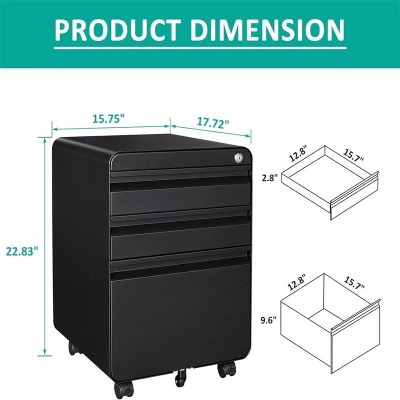 Rolling Steel File Cabinet with Lock 3 Drawers Black White