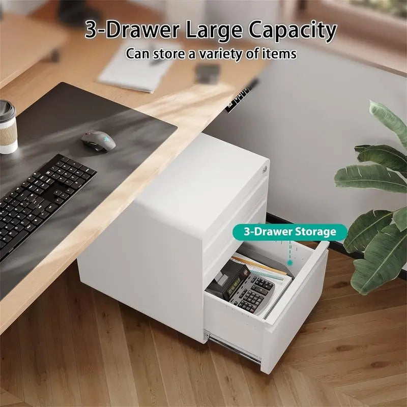 Rolling Steel File Cabinet with Lock 3 Drawers Black White