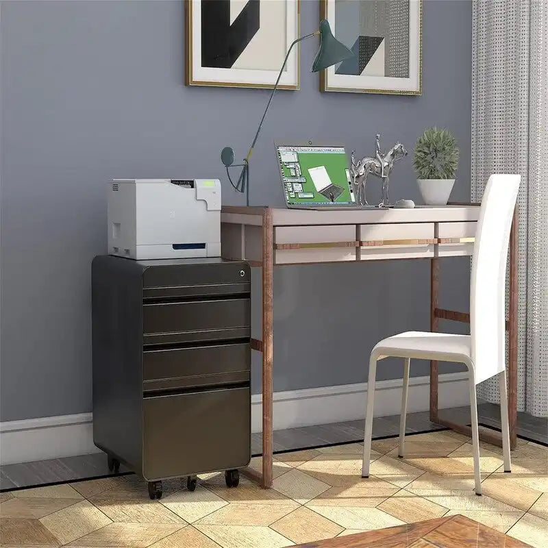 Rolling Steel File Cabinet with Lock 3 Drawers Black White